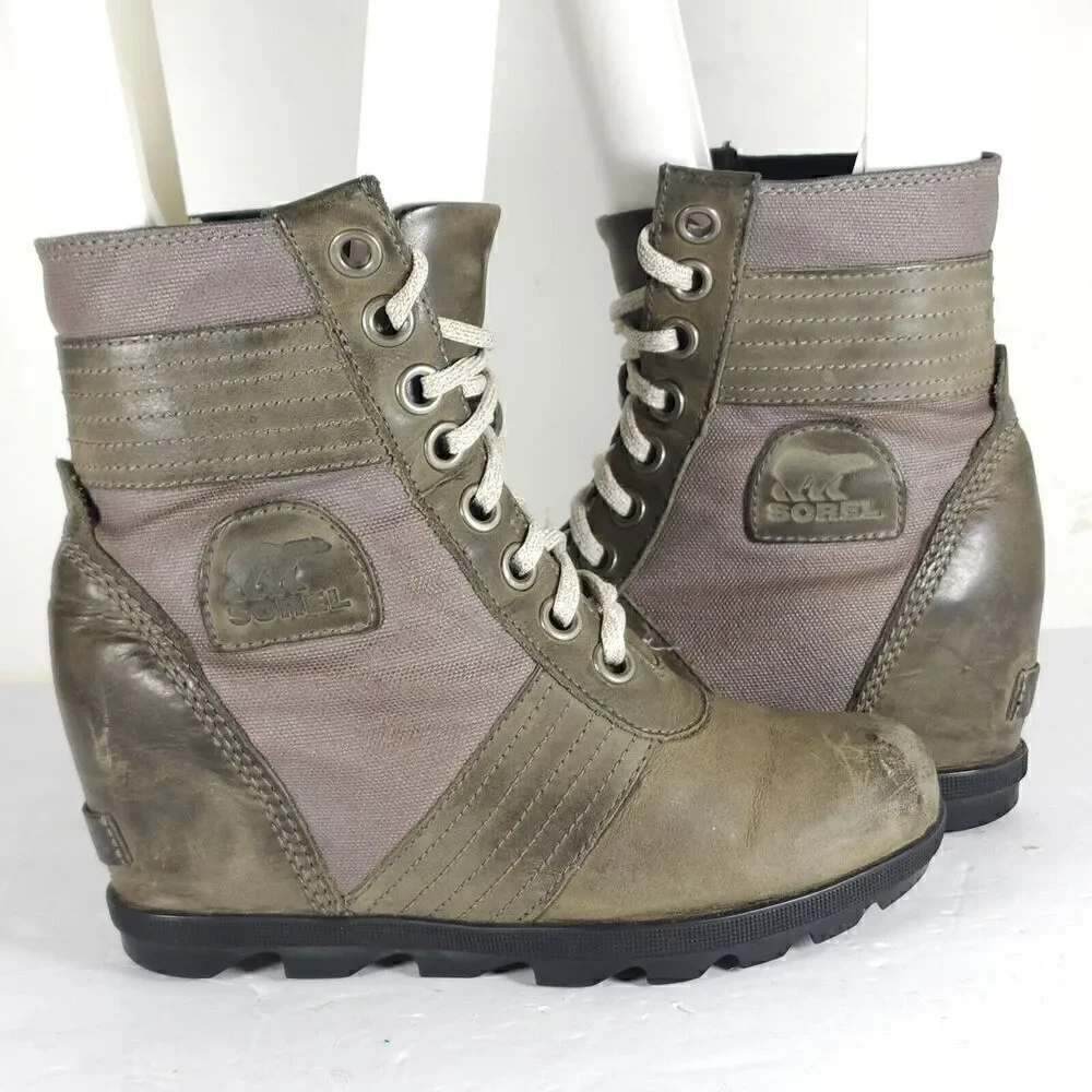 Sorel Womens Lexie US7 Gray Distressed Leather Canvas Lace Up Wedge Ankle Boots